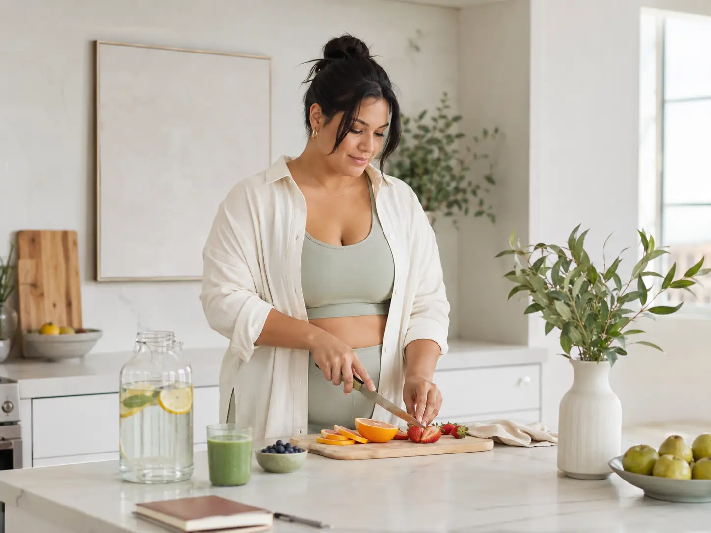 A woman slicing fresh fruit at a bright kitchen counter beside a green smoothie and a jug of infused water