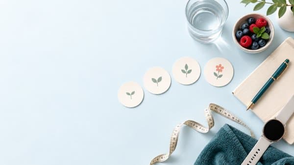 Four tokens showing a plant growing from a sprout to a flower, arranged on a desk beside a measuring tape, water, berries, and a notebook