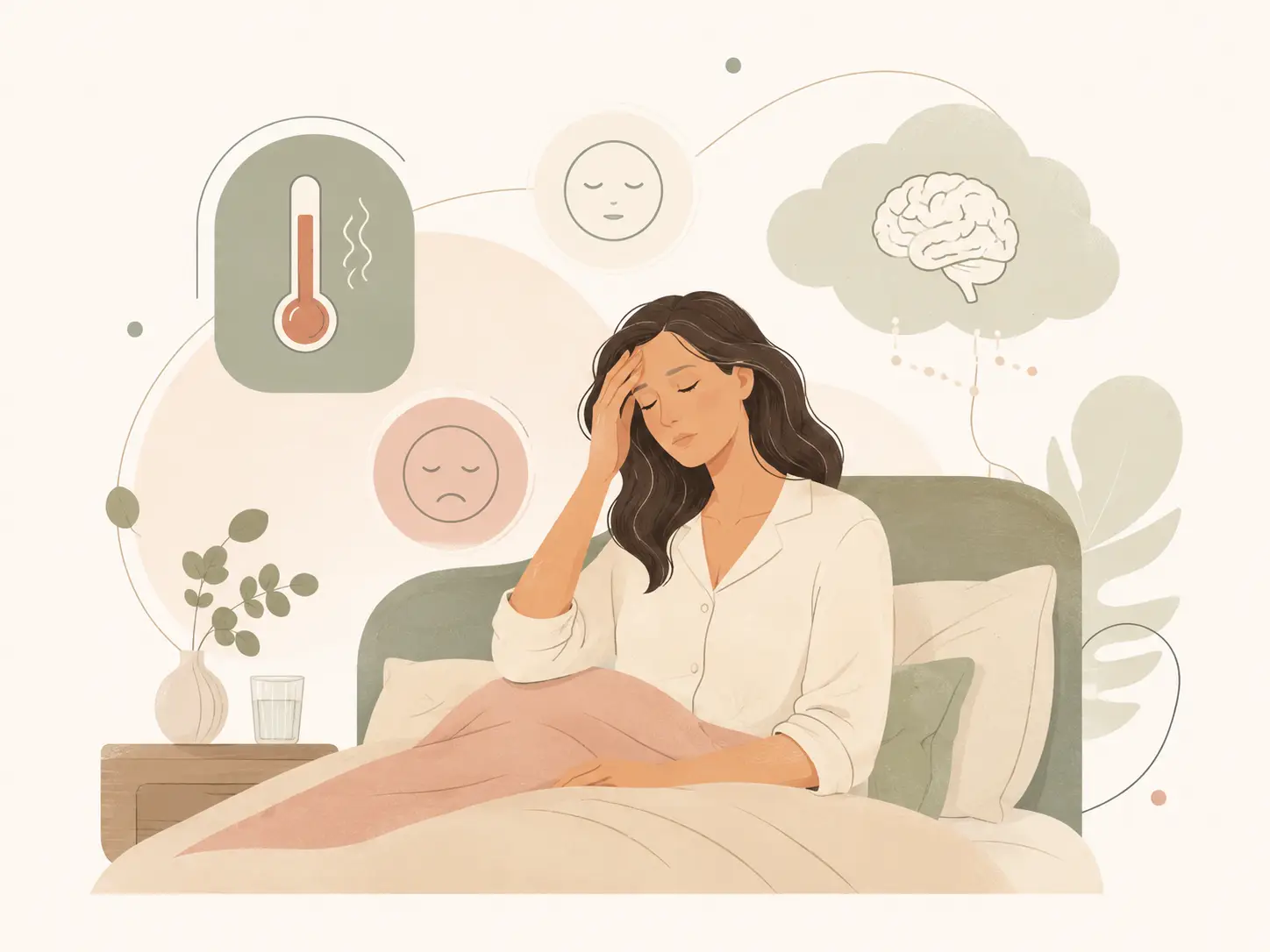Illustration of a woman sitting up in bed holding her head, surrounded by icons for hot flushes, low mood and brain fog