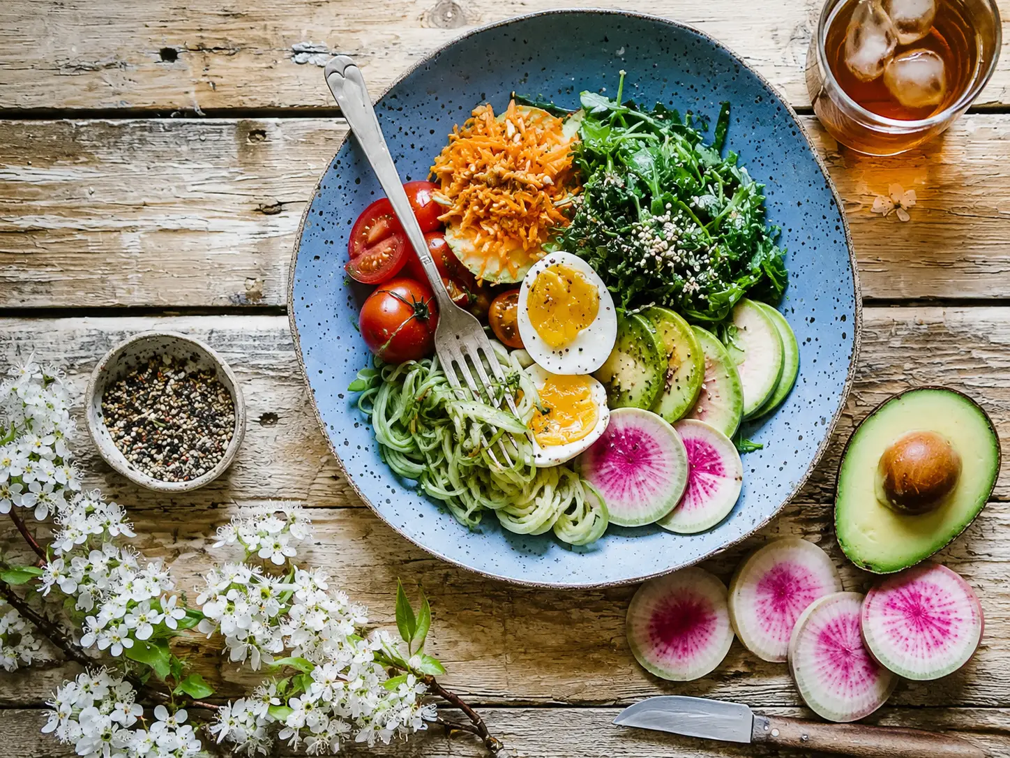 Healthy breakfast with eggs, avocado, and greens