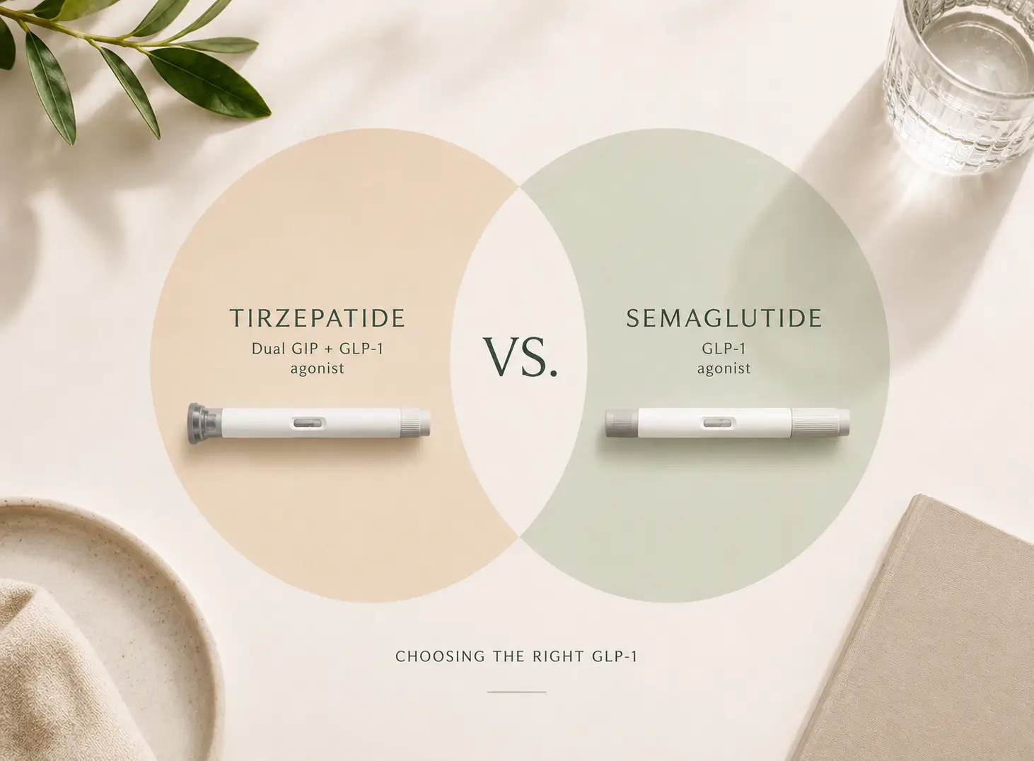 Venn diagram comparing tirzepatide, a dual GIP and GLP-1 agonist, with semaglutide, a GLP-1 agonist, each shown beside an injection pen