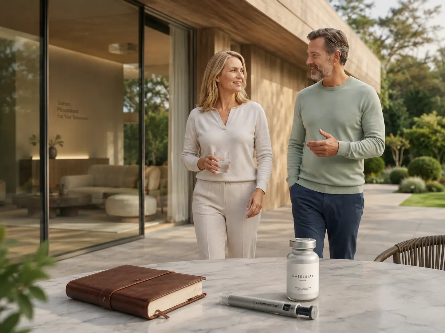 A woman and a man talking on a sunlit patio, with a GLP-1 injection pen and vial on the table beside a leather journal