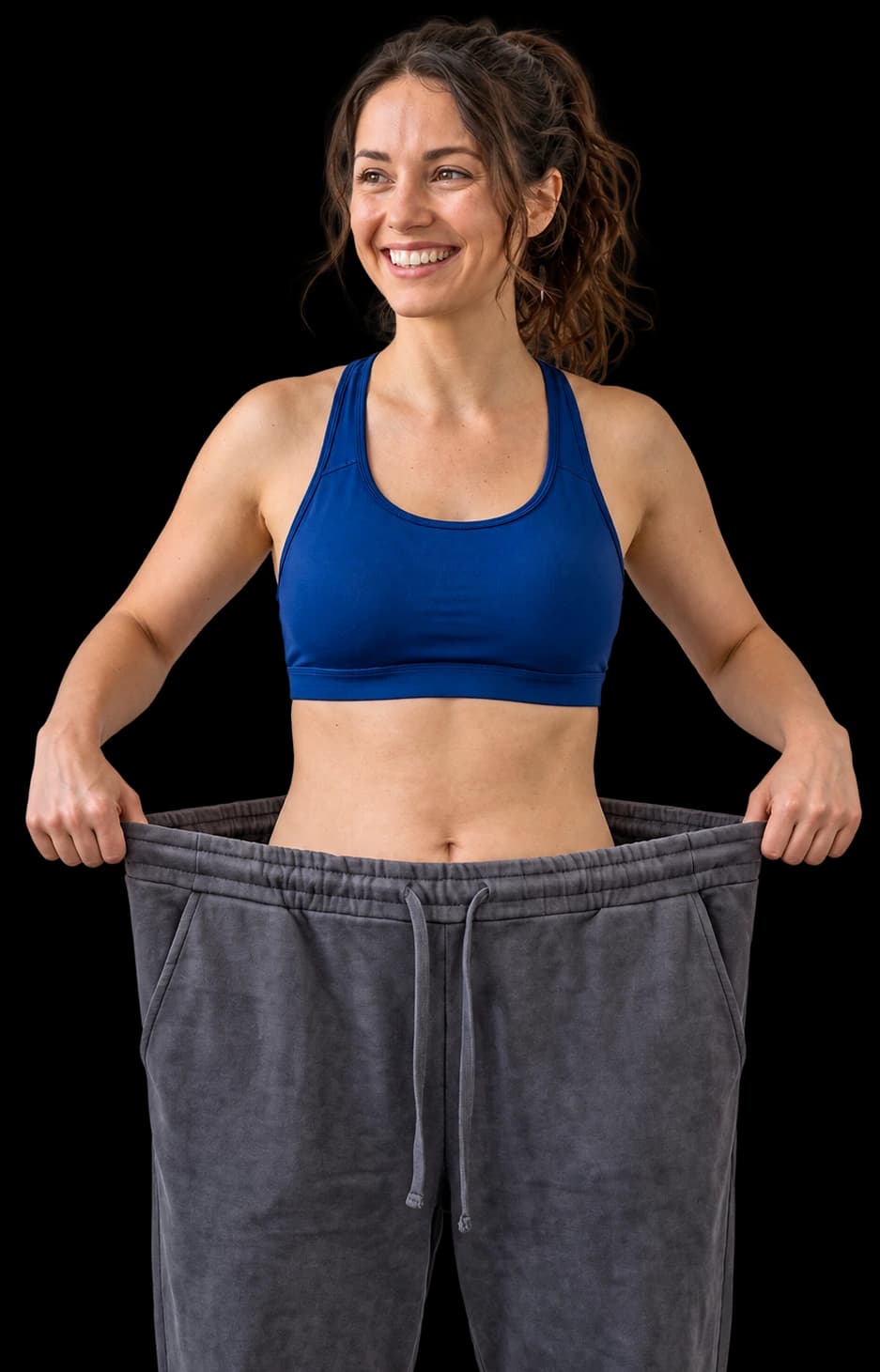 Smiling woman holding out the loose waistband of her sweatpants