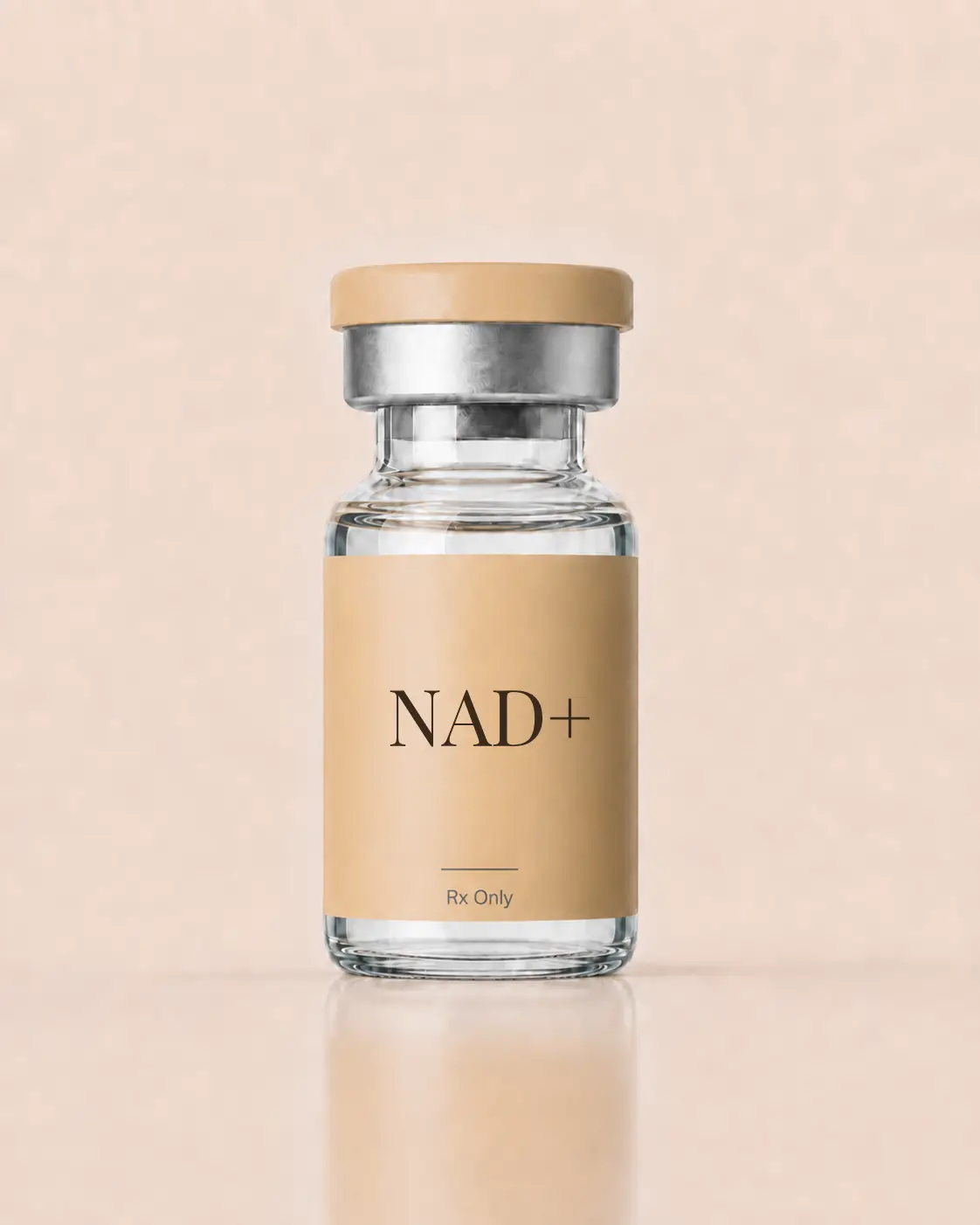 NAD+ injectable product on a soft cream background