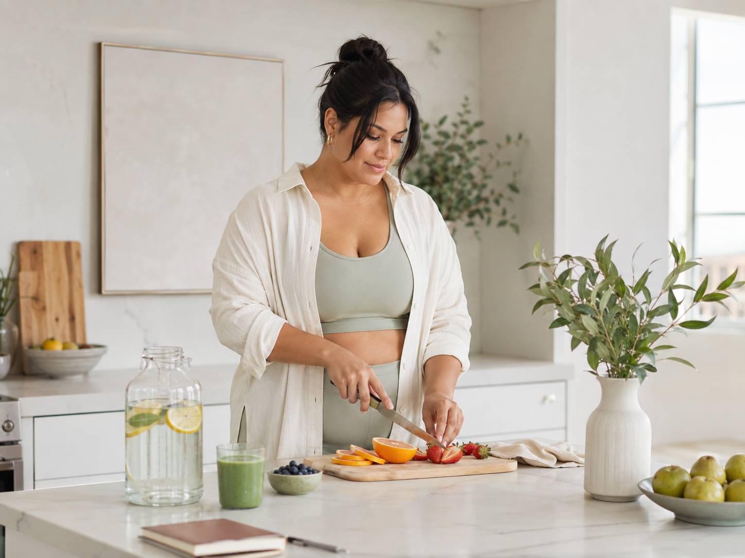A woman slicing fresh fruit at a bright kitchen counter beside a green smoothie and a jug of infused water
