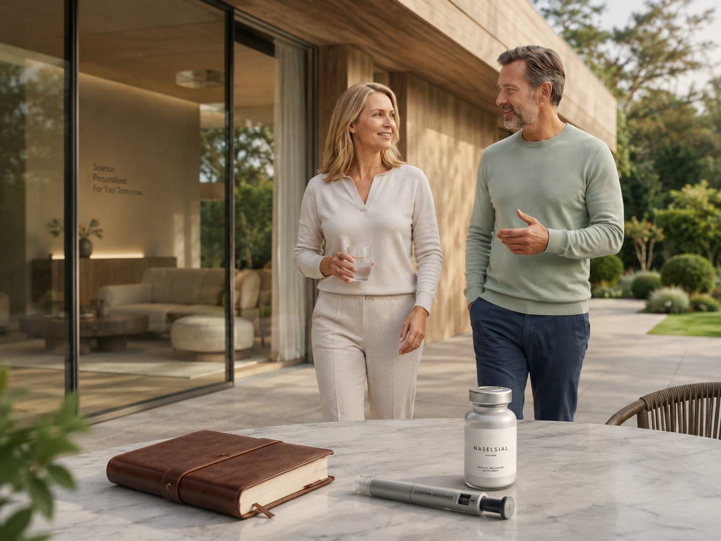 A woman and a man talking on a sunlit patio, with a GLP-1 injection pen and vial on the table beside a leather journal