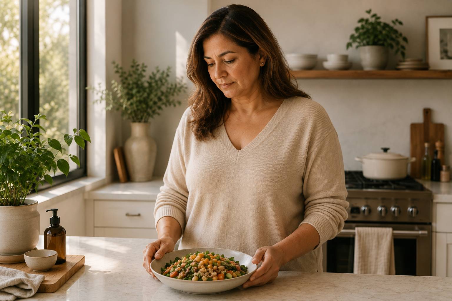 A woman in her forties holding a bowl of grain and vegetable salad in a bright kitchen